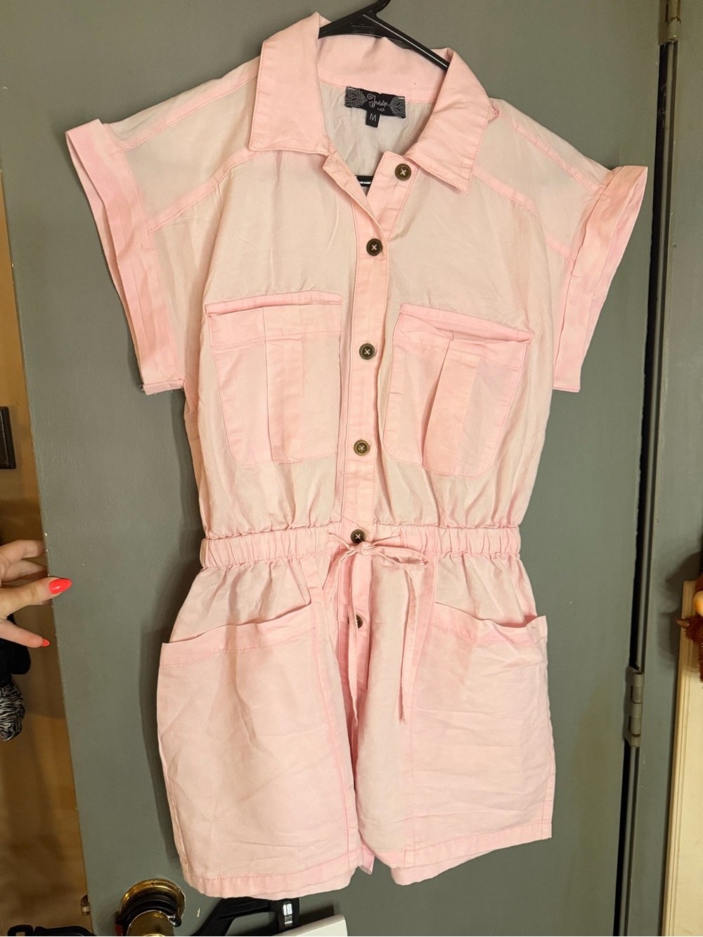 Charlotte Russe Light Pink Short Sleeve Button Romper